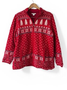 Coldwater Creek Nordic Sweater Jacket Red Fair Isle Zip Lined Large